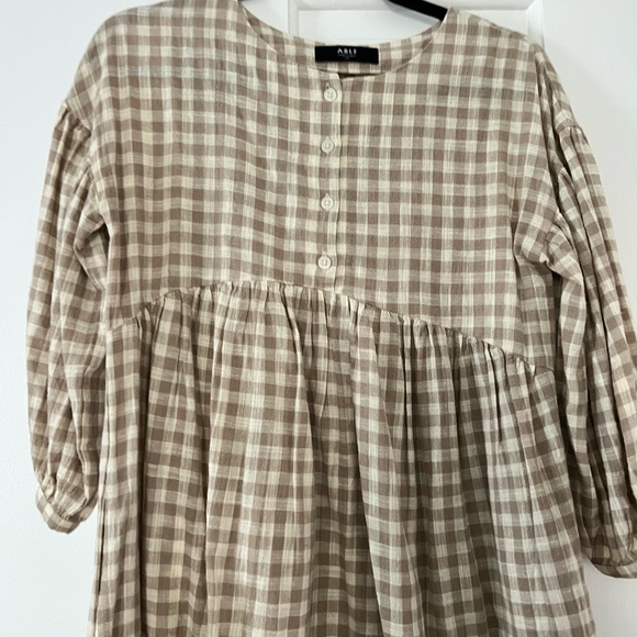 Able Tan and Cream Gingham Puff Sleeve Baby Doll Dress - Picture 3 of 3